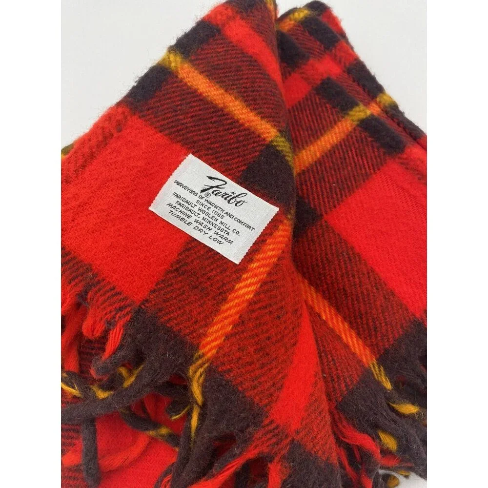 Faribo Plaid Blanket Red BlackTartan Fringe Acrylic USA Faribault Woolin Mills